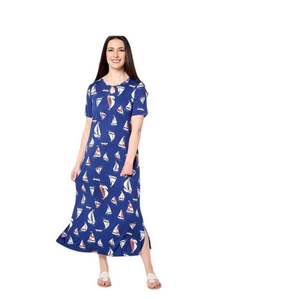 Quacker Factory Sail Away Maxi Dress Navy Blue Sailboat Rhinestone XS
